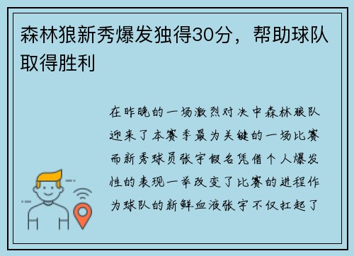 森林狼新秀爆发独得30分，帮助球队取得胜利