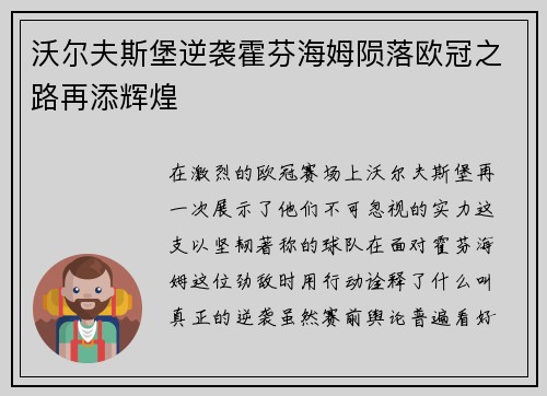 沃尔夫斯堡逆袭霍芬海姆陨落欧冠之路再添辉煌