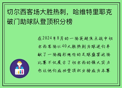 切尔西客场大胜热刺，哈维特里耶克破门助球队登顶积分榜