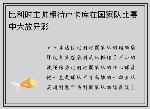 比利时主帅期待卢卡库在国家队比赛中大放异彩