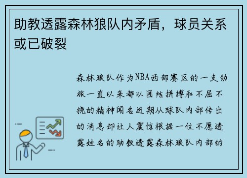 助教透露森林狼队内矛盾，球员关系或已破裂