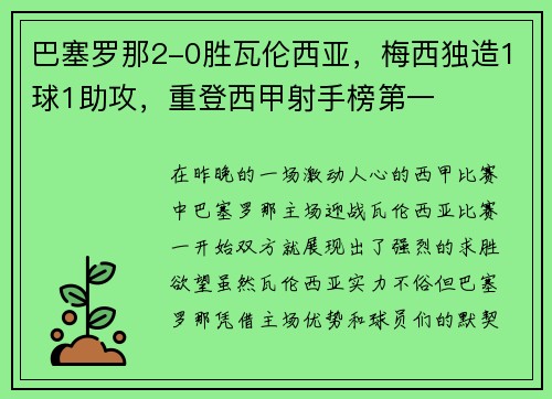 巴塞罗那2-0胜瓦伦西亚，梅西独造1球1助攻，重登西甲射手榜第一
