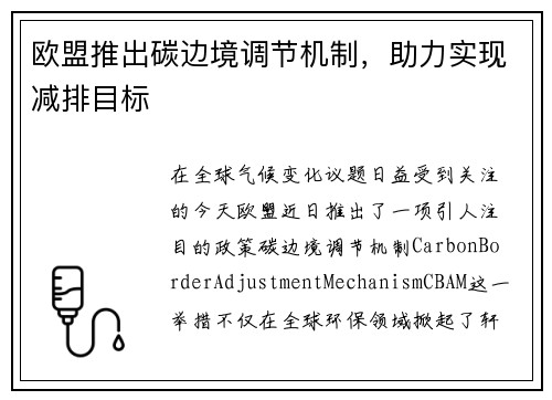 欧盟推出碳边境调节机制，助力实现减排目标