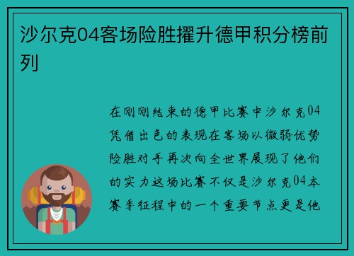 沙尔克04客场险胜擢升德甲积分榜前列