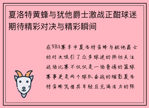 夏洛特黄蜂与犹他爵士激战正酣球迷期待精彩对决与精彩瞬间