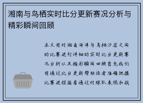 湘南与鸟栖实时比分更新赛况分析与精彩瞬间回顾