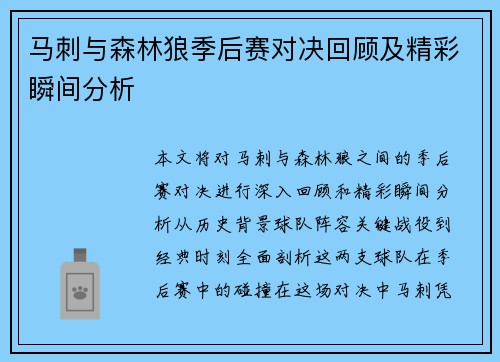 马刺与森林狼季后赛对决回顾及精彩瞬间分析