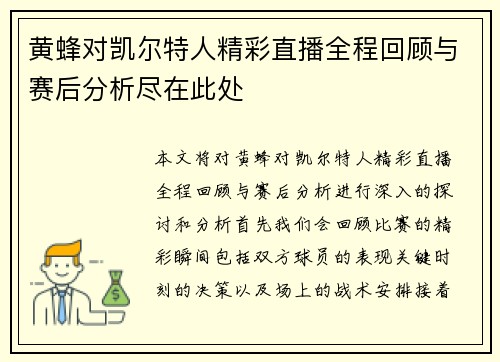 黄蜂对凯尔特人精彩直播全程回顾与赛后分析尽在此处