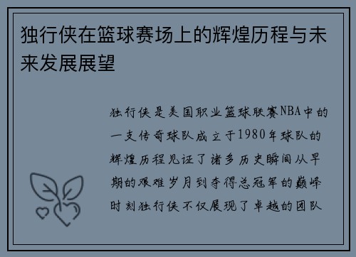 独行侠在篮球赛场上的辉煌历程与未来发展展望