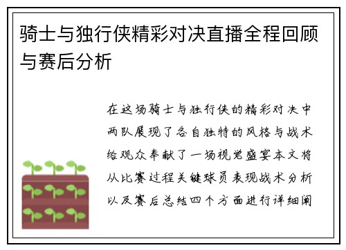 骑士与独行侠精彩对决直播全程回顾与赛后分析