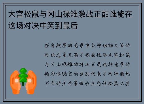 大宫松鼠与冈山禄雉激战正酣谁能在这场对决中笑到最后