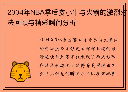 2004年NBA季后赛小牛与火箭的激烈对决回顾与精彩瞬间分析
