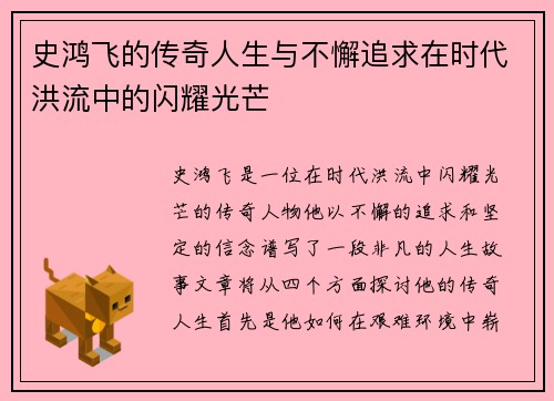 史鸿飞的传奇人生与不懈追求在时代洪流中的闪耀光芒