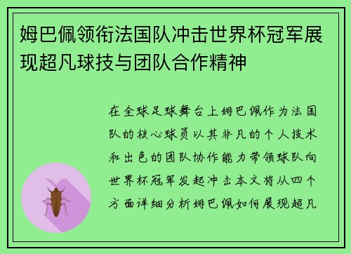 姆巴佩领衔法国队冲击世界杯冠军展现超凡球技与团队合作精神