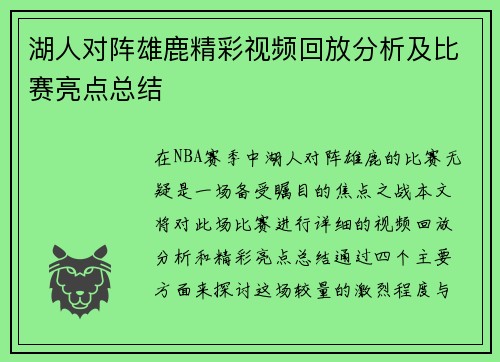 湖人对阵雄鹿精彩视频回放分析及比赛亮点总结