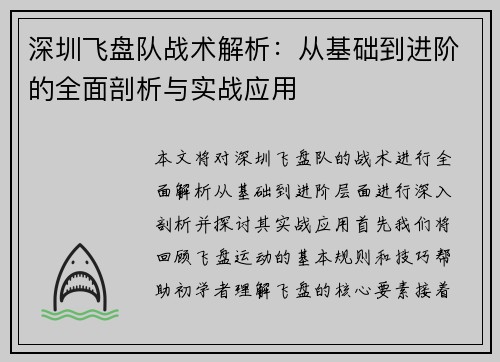 深圳飞盘队战术解析：从基础到进阶的全面剖析与实战应用