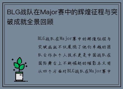 BLG战队在Major赛中的辉煌征程与突破成就全景回顾