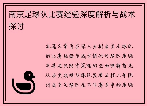 南京足球队比赛经验深度解析与战术探讨