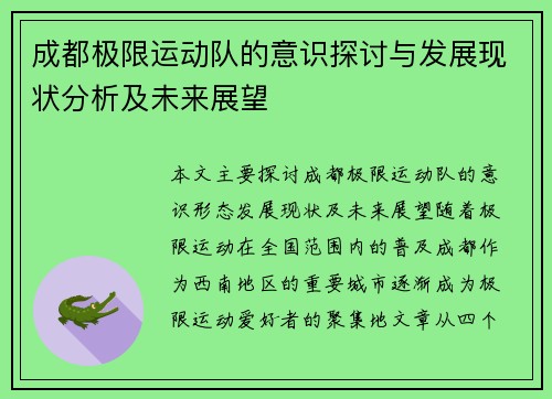 成都极限运动队的意识探讨与发展现状分析及未来展望